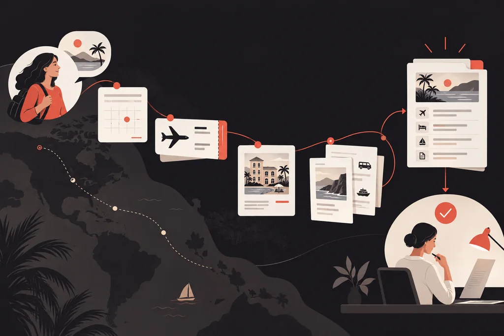 Ilustración conceptual de viajes: Un expediente que acompaña cada paso.
