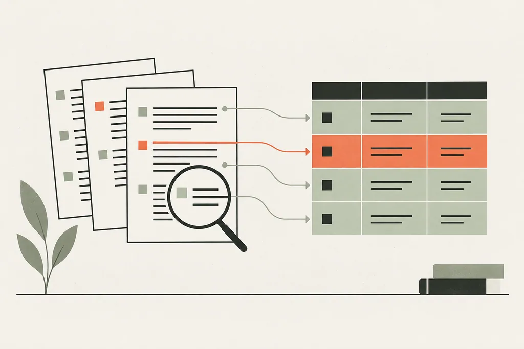Ilustración 2D: requisitos de varios documentos relacionados con una matriz de revisión.